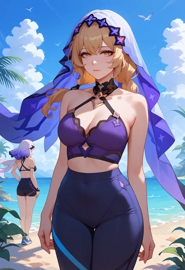 star rail,black swan,tankini top,board shorts  - AI generated anime art